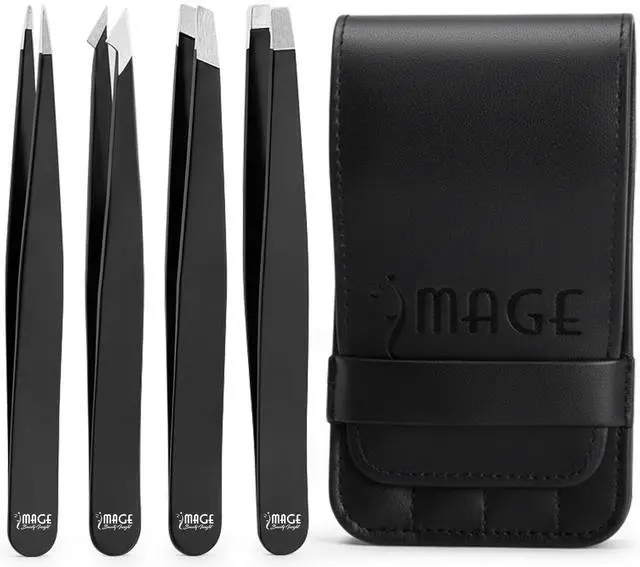 Main image of Tweezers for women facial 4 Piece Stainless Steel Precision Tweezers Kit with Leather Case for women & men Multi purpose as eyebrows facial hair ingrown hair removal