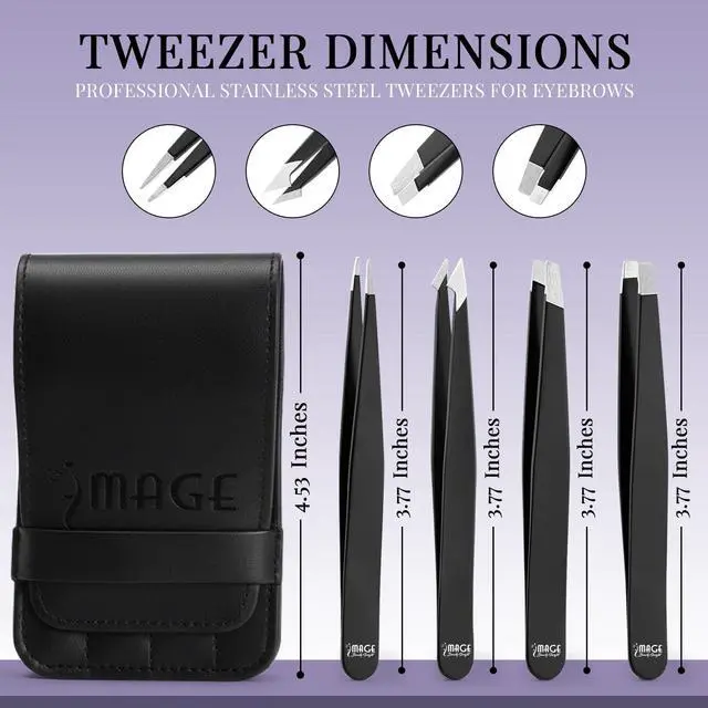 Alt view image 2 of 7 - Tweezers for women facial 4 Piece Stainless Steel Precision Tweezers Kit with Leather Case for women & men Multi purpose as eyebrows facial hair ingrown hair removal