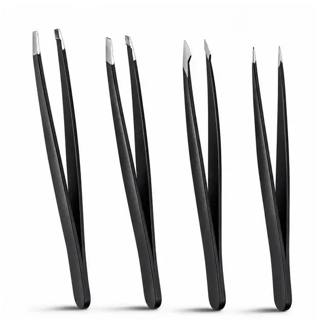 Main image of 4Pcs Tweezers Set, for Facial Hair Eyebrows and Eyelashes | Professional Stainless Steel Tweezers, for Women and Men, Splinter and Ingrown Hair Removal, Black