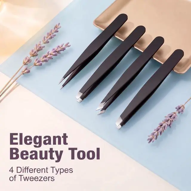 Alt view image 3 of 5 - 4Pcs Tweezers Set, for Facial Hair Eyebrows and Eyelashes | Professional Stainless Steel Tweezers, for Women and Men, Splinter and Ingrown Hair Removal, Black