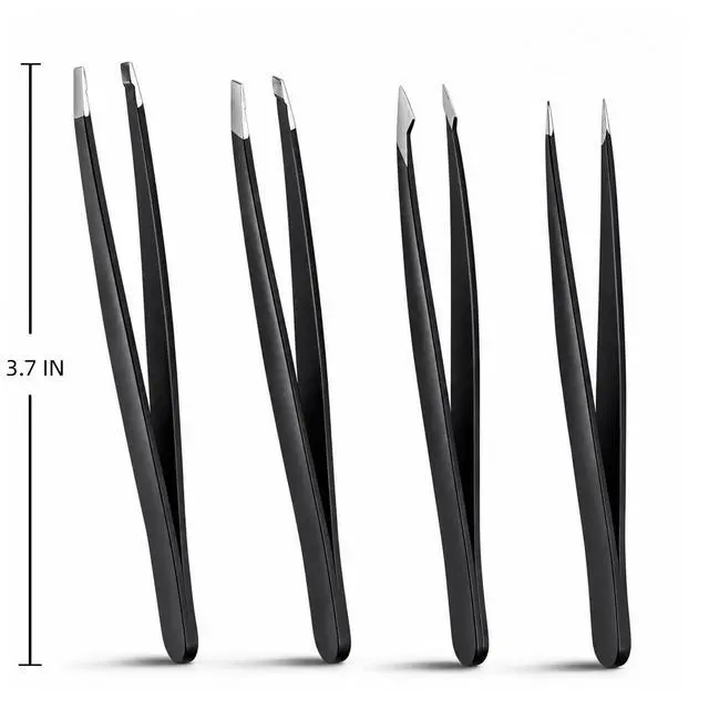 Alt view image 4 of 5 - 4Pcs Tweezers Set, for Facial Hair Eyebrows and Eyelashes | Professional Stainless Steel Tweezers, for Women and Men, Splinter and Ingrown Hair Removal, Black