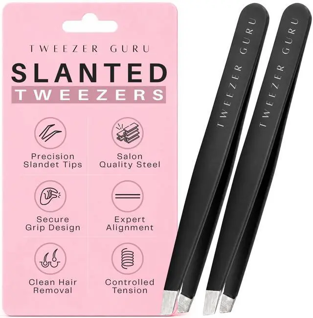 Main image of Tweezers for Women Facial Hair & Men Precision Slant-Pointed Eyebrow Tweezer for Ingrown Hair, Blackhead & Splinter Removal (2 Black)