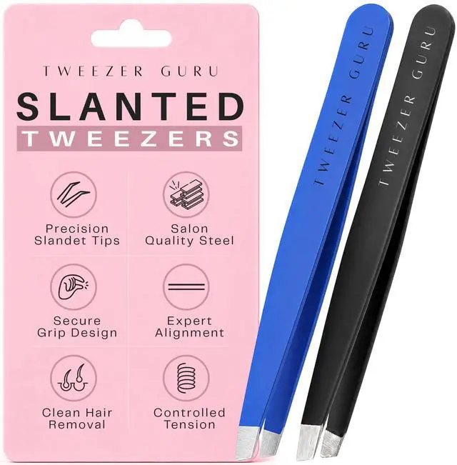 Main image of 2 piece - Slant Pointed Precision Tweezers for Eyebrows, Ingrown Hairs, Blackheads - Sharp Needle Nose for Plucking, Splinters