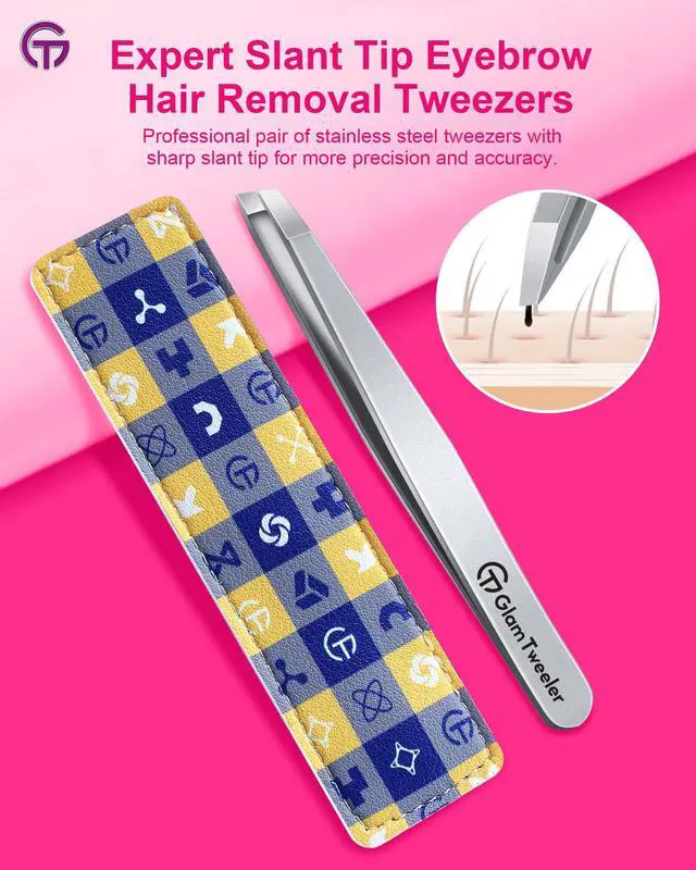 Alt view image 2 of 7 - Expert Slant Tip Tweezers with Leather Case,Sharp & Precision Stainless Steel Tweezer for Eyebrows, Facial Hair and Fine Hairs Removal (Silver)
