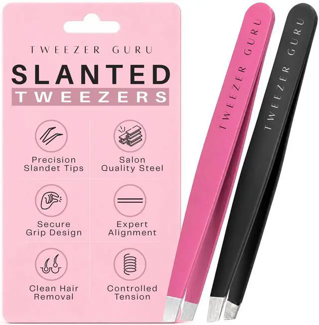 Main image of Tweezers for Women Facial Hair & Men Precision Slant-Pointed Eyebrow Tweezer for Ingrown Hair, Blackhead & Splinter Removal (Black+Pink)