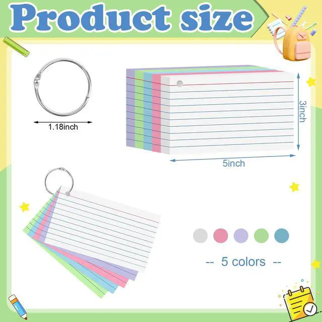 Alt view image 2 of 7 - 250 Count Colored Index Cards 3x5 Inch Flash Cards Note Cards with Ring | 180gsm Heavy Weight Flashcards, Portable Note Taking for Students, College Supplies, Nursing School Essentials