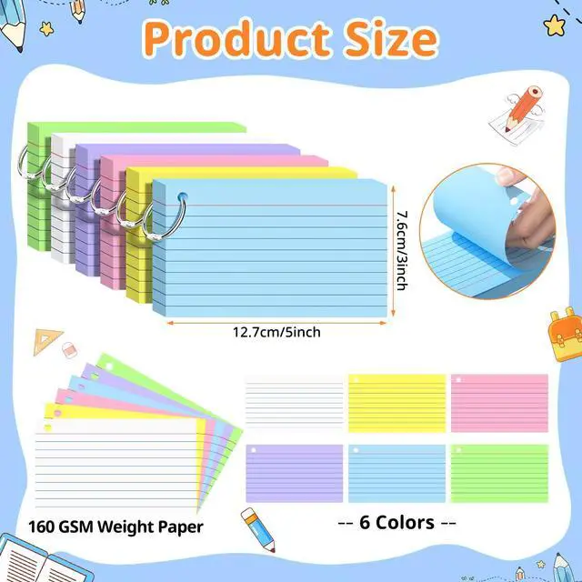 Alt view image 2 of 7 - 300 PCS Index Cards 3x5 Inches, Colored Flash Cards with Ring | Punched Lined Study Card Ruled Flashcards Notecards, Ruled Front and Blank Back, Note Card for School, College and Home