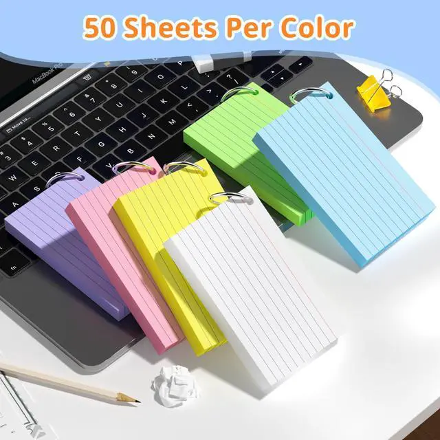 Alt view image 4 of 7 - 300 PCS Index Cards 3x5 Inches, Colored Flash Cards with Ring | Punched Lined Study Card Ruled Flashcards Notecards, Ruled Front and Blank Back, Note Card for School, College and Home