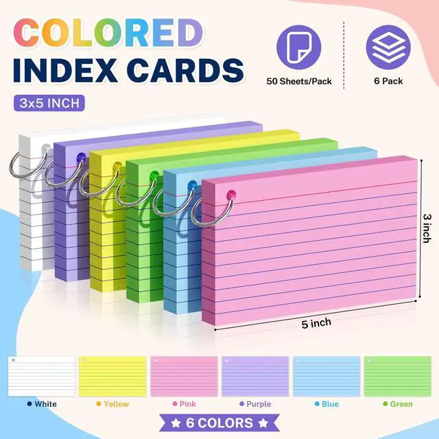 Alt view image 2 of 7 - Colored Index Cards 3x5, 300 Pcs Index Cards with Ring 6 Colors Note Cards | 50 Sheets Each Pack, Heavy Bright Flash Cards with Rings, Colored Notecards 3x5 Lined for Office, Home, School
