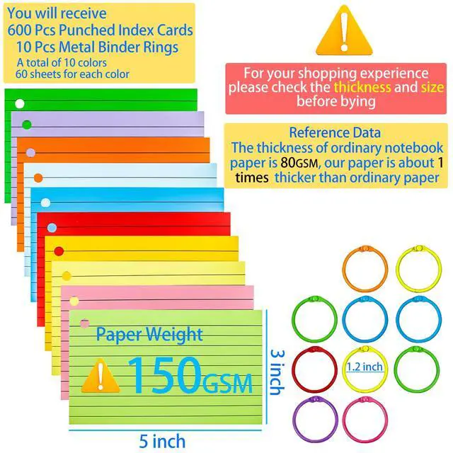 Alt view image 2 of 7 - 600Pcs Colored Index Cards 3x5 Inch Flash Cards with Rings Lined Note Card Flashcards, Colorful Ruled Card Pad Index Note Books 3 x 5 Notecards for Studying School Supply College Office