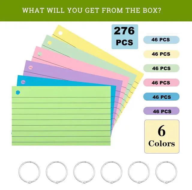 Alt view image 2 of 5 - 276PCS Index Cards With Ring,3x5 Inches Colored Flash Cards | Lined on Both Side Notecards Ruled Study Card Flashcards Heavy Note Cards for Studying,School, College (6 Colors)