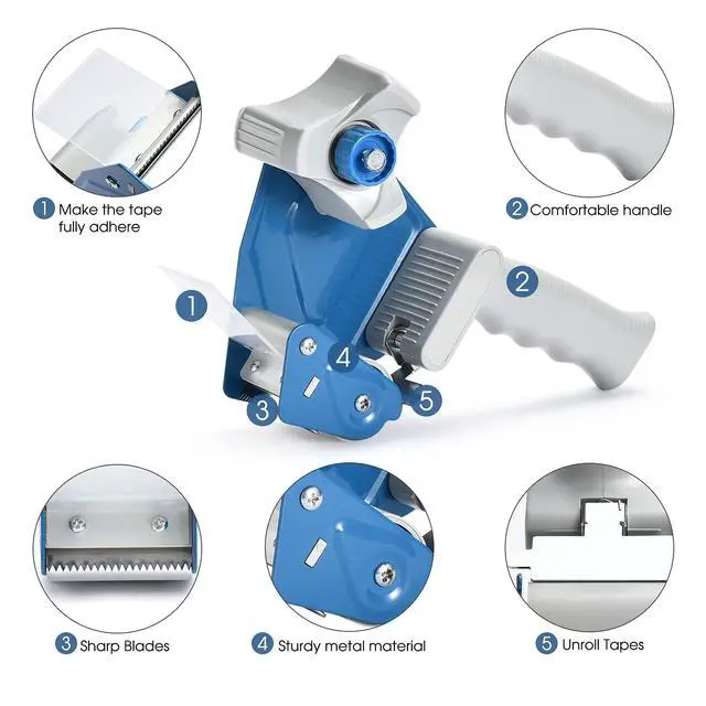 Alt view image 3 of 7 - Packing Tape Dispenser Gun (2 Packs) Pacific Mailer 2 Inch Tape Gun Dispenser with 2 Inch Carton Packing Tape, Lightweight Industrial Side Loading Tape Dispenser - Blue
