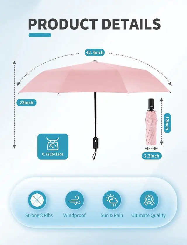 Alt view image 6 of 7 - Compact Umbrella for Travel - Automatic Umbrellas for Rain & Sun Protection, Small Portable UV Umbrella for Car, Backpack, Walking, Folding Windproof Umbrellas for Kids, Women