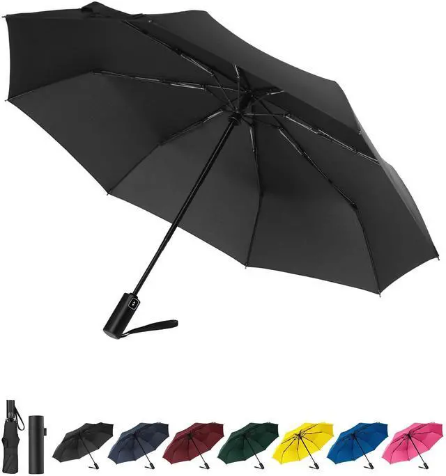 Main image of Compact Travel Umbrella, Windproof Auto Open & Close, Lightweight Design | Auto open/close folding umbrella, compact & lightweight with 8-rib windproof frame and waterproof canopy for purse & backpack