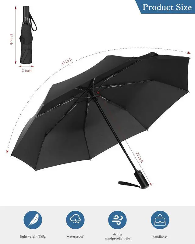 Alt view image 6 of 7 - Compact Travel Umbrella, Windproof Auto Open & Close, Lightweight Design | Auto open/close folding umbrella, compact & lightweight with 8-rib windproof frame and waterproof canopy for purse & backpack