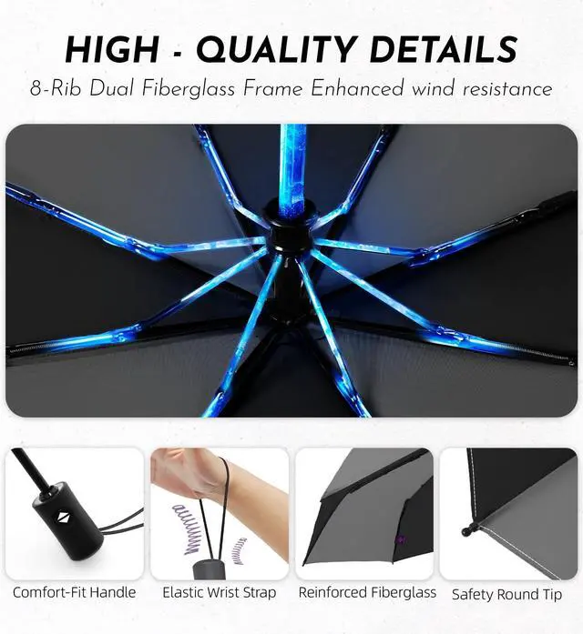 Alt view image 7 of 7 - Windproof Travel Umbrella for Rain - 43" Auto Open Close 8-Rib Compact, Stylish Two-Tone Color Block Design, Easy-Close Folding Portable Parasol for Men & Women
