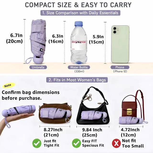 Alt view image 4 of 7 - Mini Travel Umbrella with UV Sun Protection, Compact Pocket-Size | 8.6 oz Lightweight, Small Portable for Sun & Rain, Fit Purse & Backpack, Travel essentials for Disney & European Trip