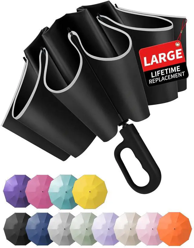 Main image of Inverted Umbrella with Carabiner Handle, Windproof UV Sun & Rain | Reverse design keeps wet side inside, windproof waterproof fabric, reflective stripe for safety, compact for backpack travel