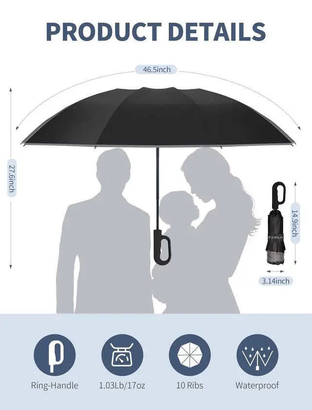Alt view image 2 of 7 - Inverted Umbrella with Carabiner Handle, Windproof UV Sun & Rain | Reverse design keeps wet side inside, windproof waterproof fabric, reflective stripe for safety, compact for backpack travel