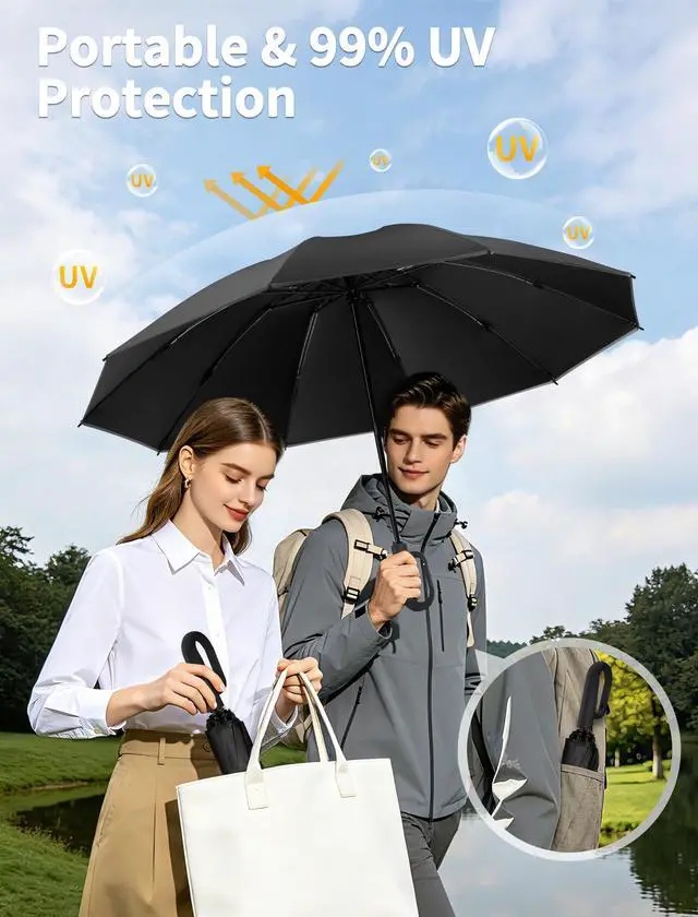 Alt view image 6 of 7 - Inverted Umbrella with Carabiner Handle, Windproof UV Sun & Rain | Reverse design keeps wet side inside, windproof waterproof fabric, reflective stripe for safety, compact for backpack travel