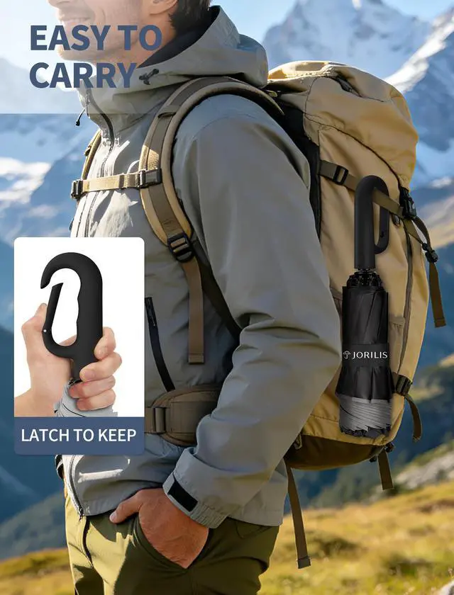 Alt view image 5 of 7 - Inverted Umbrella with Carabiner Handle, Windproof UV Sun & Rain | Reverse design keeps wet side inside, windproof waterproof fabric, reflective stripe for safety, compact for backpack travel