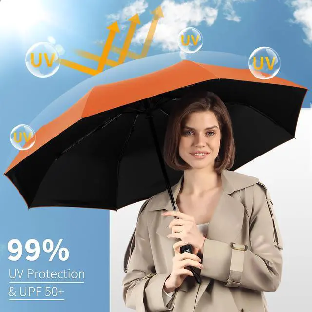 Alt view image 3 of 7 - Windproof Travel Umbrella, Automatic Umbrellas for Rain, Portable & Compact Umbrellas for Backpack, Strong UV for Protection, Folding Small Sun Umbrella for Car, Walking, Orange