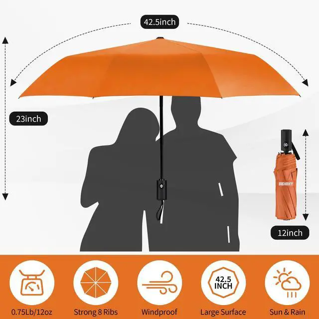 Alt view image 2 of 7 - Windproof Travel Umbrella, Automatic Umbrellas for Rain, Portable & Compact Umbrellas for Backpack, Strong UV for Protection, Folding Small Sun Umbrella for Car, Walking, Orange
