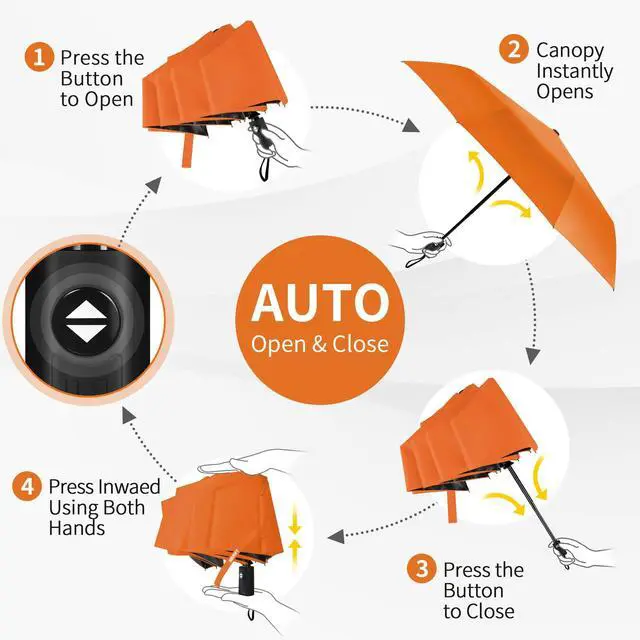 Alt view image 7 of 7 - Windproof Travel Umbrella, Automatic Umbrellas for Rain, Portable & Compact Umbrellas for Backpack, Strong UV for Protection, Folding Small Sun Umbrella for Car, Walking, Orange