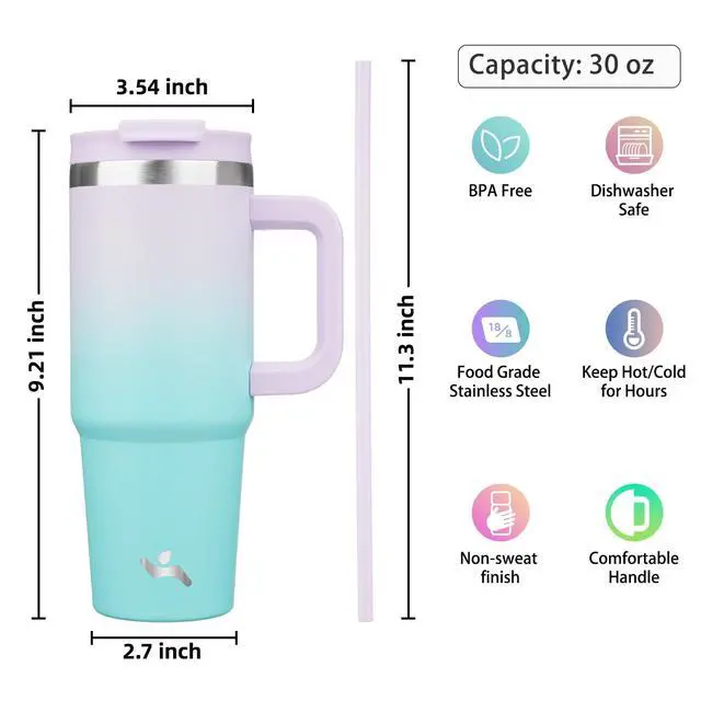 Alt view image 4 of 7 - 30 oz Insulated Tumbler Water Bottle with Handle, Straw Lid | BPA-free and dishwasher safe; made for gym, travel, coffee and gifting, 2 straws, cup holder friendly,Lavender Green