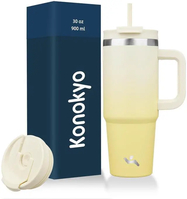 Main image of 30 oz Insulated Tumbler Water Bottle with Handle, Straw Lid | BPA-free and dishwasher safe; made for gym, travel, coffee and gifting, 2 straws, cup holder friendly,Lemon