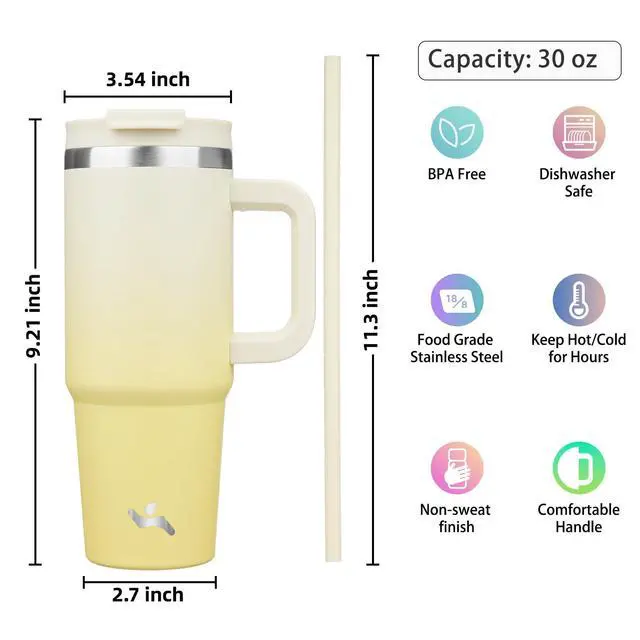 Alt view image 4 of 7 - 30 oz Insulated Tumbler Water Bottle with Handle, Straw Lid | BPA-free and dishwasher safe; made for gym, travel, coffee and gifting, 2 straws, cup holder friendly,Lemon