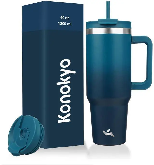 Main image of 40 oz Insulated Tumbler Water Bottle with Handle, Straw Lid | BPA-free and dishwasher safe; made for gym, travel, coffee and gifting, 2 straws, cup holder friendly,Indigo Black