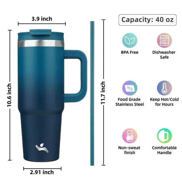 Alt view image 4 of 7 - 40 oz Insulated Tumbler Water Bottle with Handle, Straw Lid | BPA-free and dishwasher safe; made for gym, travel, coffee and gifting, 2 straws, cup holder friendly,Indigo Black
