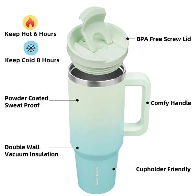 Alt view image 2 of 6 - 40 oz Insulated Tumbler with Handle & Straw, Stainless Steel | Double Wall Vacuum Insulation, Leak Proof, BPA Free, Dishwasher Safe, Cupholder Friendly, Travel & Outdoor, Mint