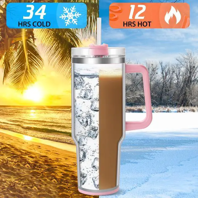 Alt view image 2 of 7 - 40 oz Tumbler with Handle and Straw, Pink Insulated Travel Mug Iced Coffee Cup, Reusable Stainless Steel Insulated Water Bottle, Keeps Drinks Cold for 34 Hours, Women Christmas Gifts for Mom Grandma