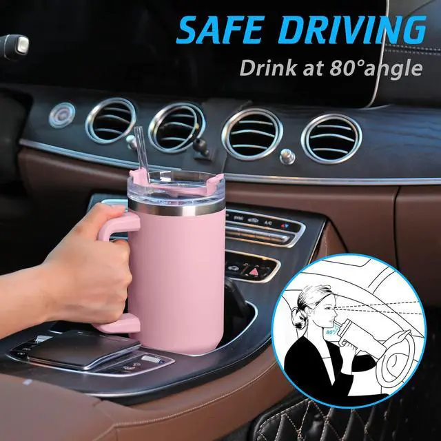 Alt view image 3 of 7 - 40 oz Tumbler with Handle and Straw, Pink Insulated Travel Mug Iced Coffee Cup, Reusable Stainless Steel Insulated Water Bottle, Keeps Drinks Cold for 34 Hours, Women Christmas Gifts for Mom Grandma