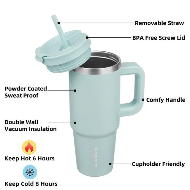 Alt view image 2 of 6 - 30 oz Insulated Tumbler with Handle & Straw, Stainless Steel | Double Wall Vacuum Insulation, Leak Proof, BPA Free, Dishwasher Safe, Cupholder Friendly, Travel & Outdoor, Blue Haze