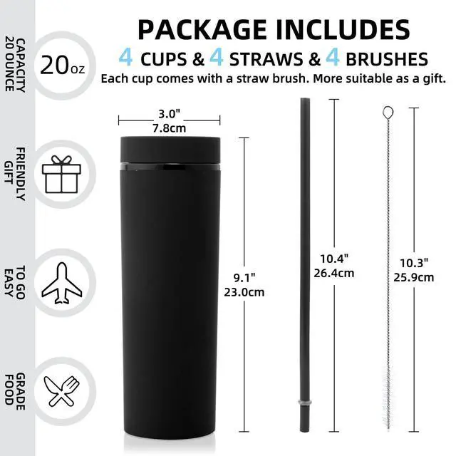 Alt view image 2 of 7 - 20oz Plastic Skinny Tumbler,Double Wall Tumblers with Lid and Straw,Reusable Travel Iced Coffee Mug,BPA Free Matte Acrylic Water Cups With Straw for Parties,DIY Gifts(Black,1 Set