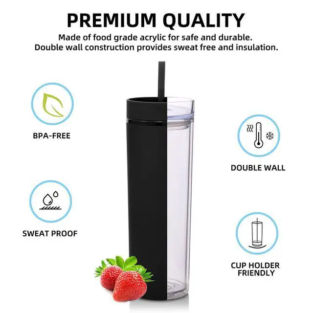 Alt view image 3 of 7 - 20oz Plastic Skinny Tumbler,Double Wall Tumblers with Lid and Straw,Reusable Travel Iced Coffee Mug,BPA Free Matte Acrylic Water Cups With Straw for Parties,DIY Gifts(Black,1 Set