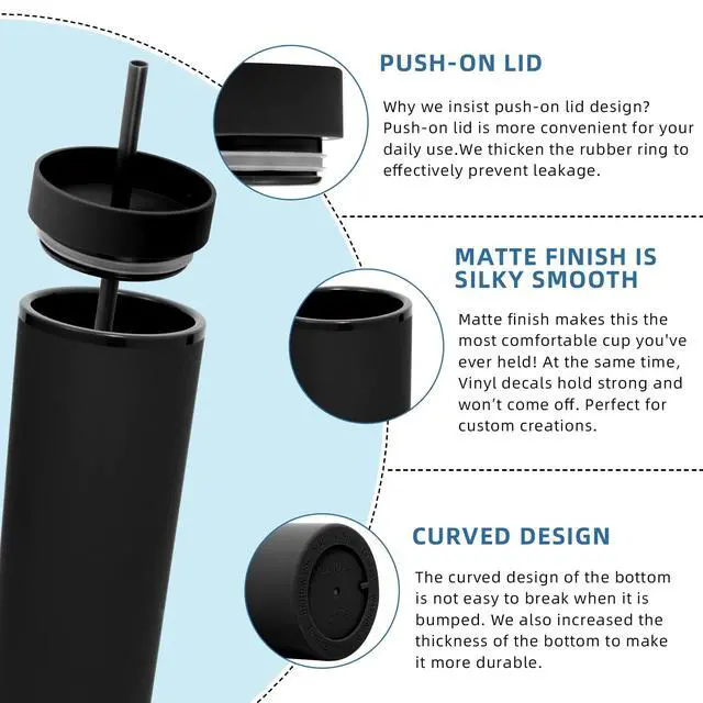 Alt view image 4 of 7 - 20oz Plastic Skinny Tumbler,Double Wall Tumblers with Lid and Straw,Reusable Travel Iced Coffee Mug,BPA Free Matte Acrylic Water Cups With Straw for Parties,DIY Gifts(Black,1 Set