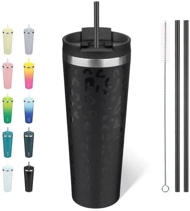 Main image of 26 oz Coffee Tumbler with Straw, Insulated Stainless Steel Cup | Double Wall Vacuum, Leak Proof Lid, Keeps Hot/Cold/Iced, BPA Free, Travel & Outdoor, Black Leopard