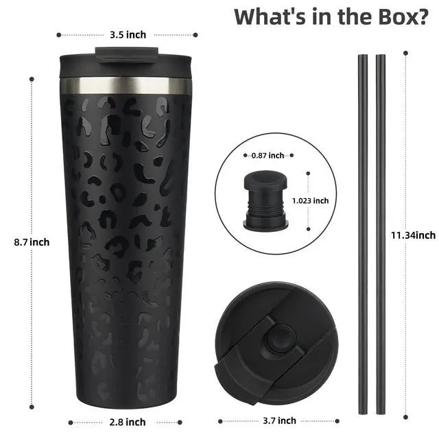 Alt view image 2 of 6 - 26 oz Coffee Tumbler with Straw, Insulated Stainless Steel Cup | Double Wall Vacuum, Leak Proof Lid, Keeps Hot/Cold/Iced, BPA Free, Travel & Outdoor, Black Leopard