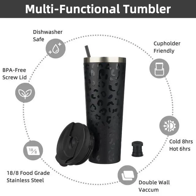 Alt view image 3 of 6 - 26 oz Coffee Tumbler with Straw, Insulated Stainless Steel Cup | Double Wall Vacuum, Leak Proof Lid, Keeps Hot/Cold/Iced, BPA Free, Travel & Outdoor, Black Leopard