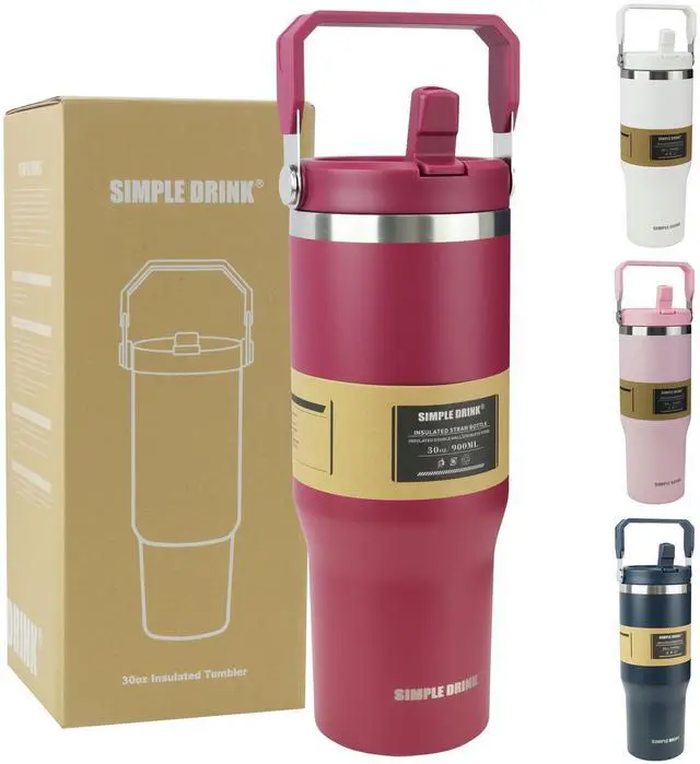 Main image of 30oz Flip Straw Insulated Water Bottle with Handle, Leak Proof Stainless Steel Travel Tumbler With Lid, Double Wall Vacuum Iced Coffee Travel Mug, Sport Cup, Outside use