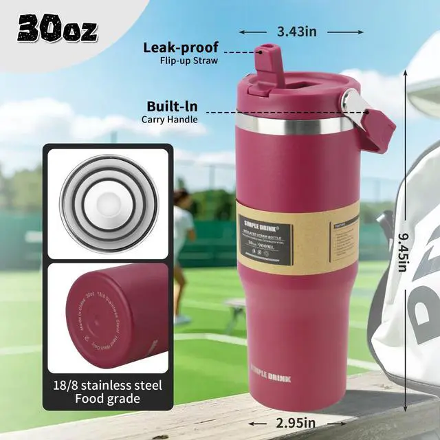 Alt view image 2 of 7 - 30oz Flip Straw Insulated Water Bottle with Handle, Leak Proof Stainless Steel Travel Tumbler With Lid, Double Wall Vacuum Iced Coffee Travel Mug, Sport Cup, Outside use
