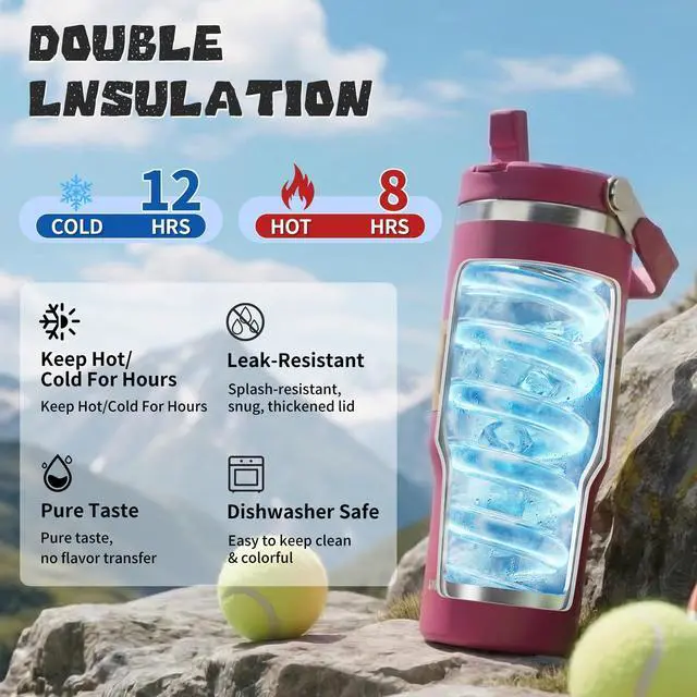 Alt view image 3 of 7 - 30oz Flip Straw Insulated Water Bottle with Handle, Leak Proof Stainless Steel Travel Tumbler With Lid, Double Wall Vacuum Iced Coffee Travel Mug, Sport Cup, Outside use