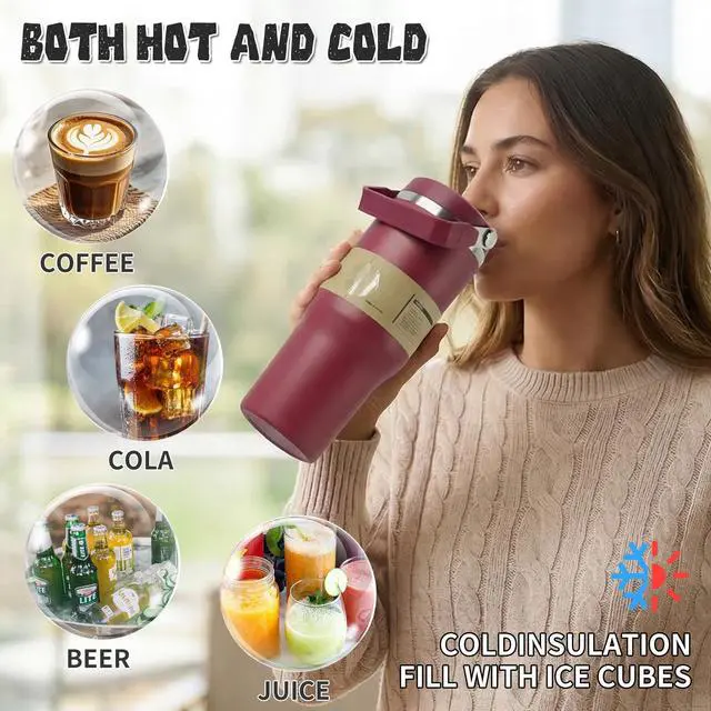 Alt view image 6 of 7 - 30oz Flip Straw Insulated Water Bottle with Handle, Leak Proof Stainless Steel Travel Tumbler With Lid, Double Wall Vacuum Iced Coffee Travel Mug, Sport Cup, Outside use