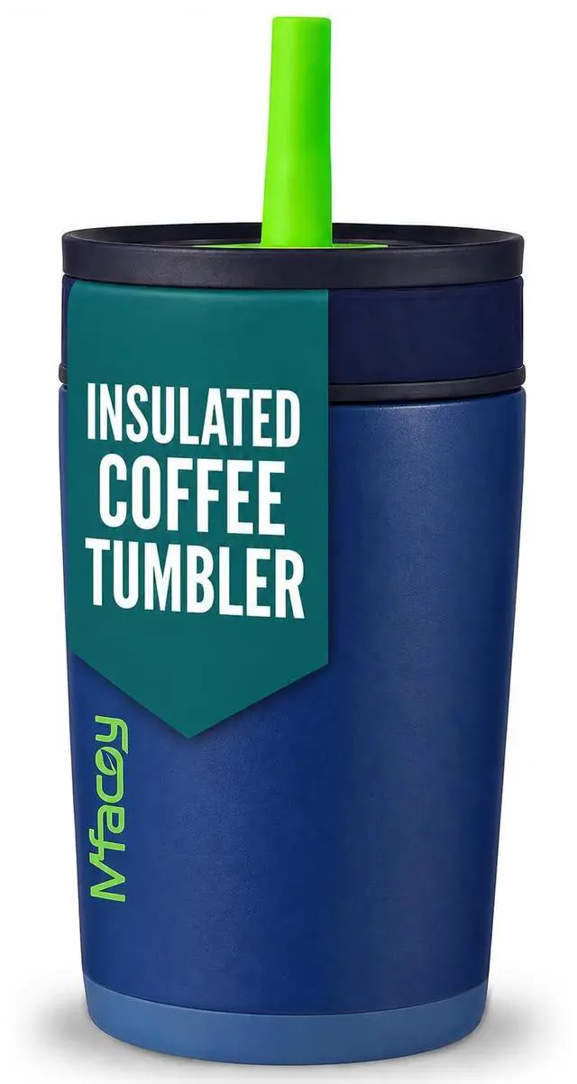 Main image of Blue Kids Insulation Stainless Steel Tumbler with Spill Resistant Flexible Straw, Small Water Bottle, Smoothie Cups, Non Plastic, Great for Travel Home School, Dishwasher Safe, 12 Oz