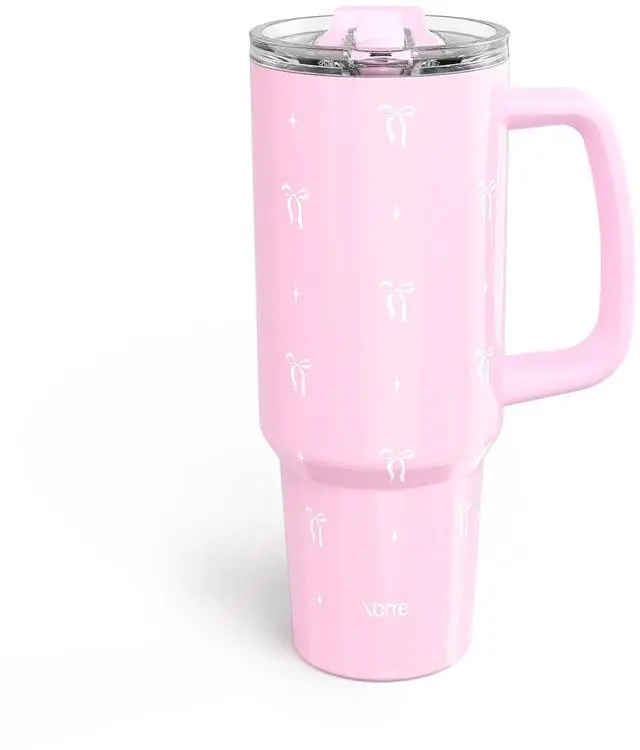 Main image of 40 oz Bow Pink Tumbler with Handle and Flip Straw for Women | Stainless Steel Insulated Water Bottle | Keeps Drinks Cold | Dishwasher Safe | Cupholder Friendly | Gift Gym Travel Yoga