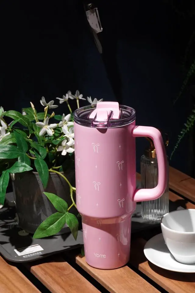Alt view image 2 of 7 - 40 oz Bow Pink Tumbler with Handle and Flip Straw for Women | Stainless Steel Insulated Water Bottle | Keeps Drinks Cold | Dishwasher Safe | Cupholder Friendly | Gift Gym Travel Yoga